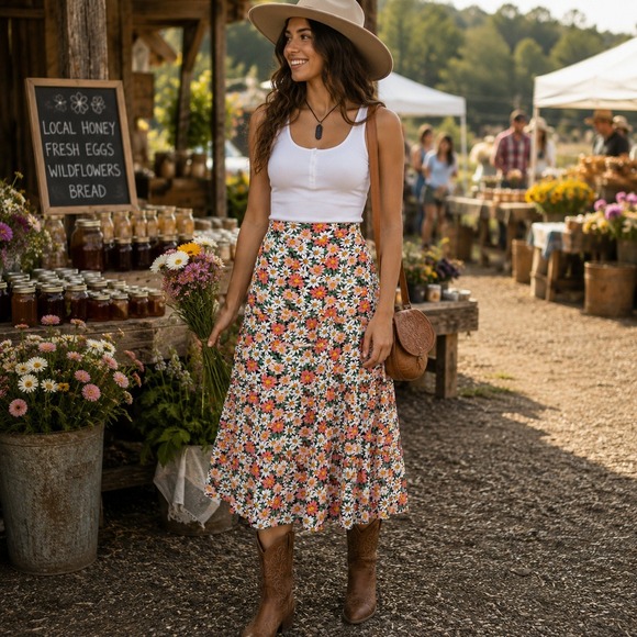 PrettyGarden Dresses & Skirts - Prettygarden Cottage Country Midi Skirt Size‎ Large Hi-Low Lined Flowy Airy